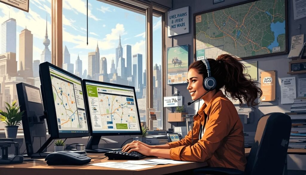 Cargo van dispatch coordinator working at desk